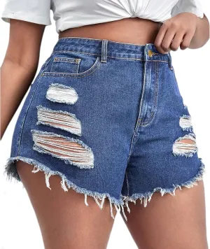 Plus Size Denim Shorts Women High Waisted Ripped Folded Hem Jean Shorts