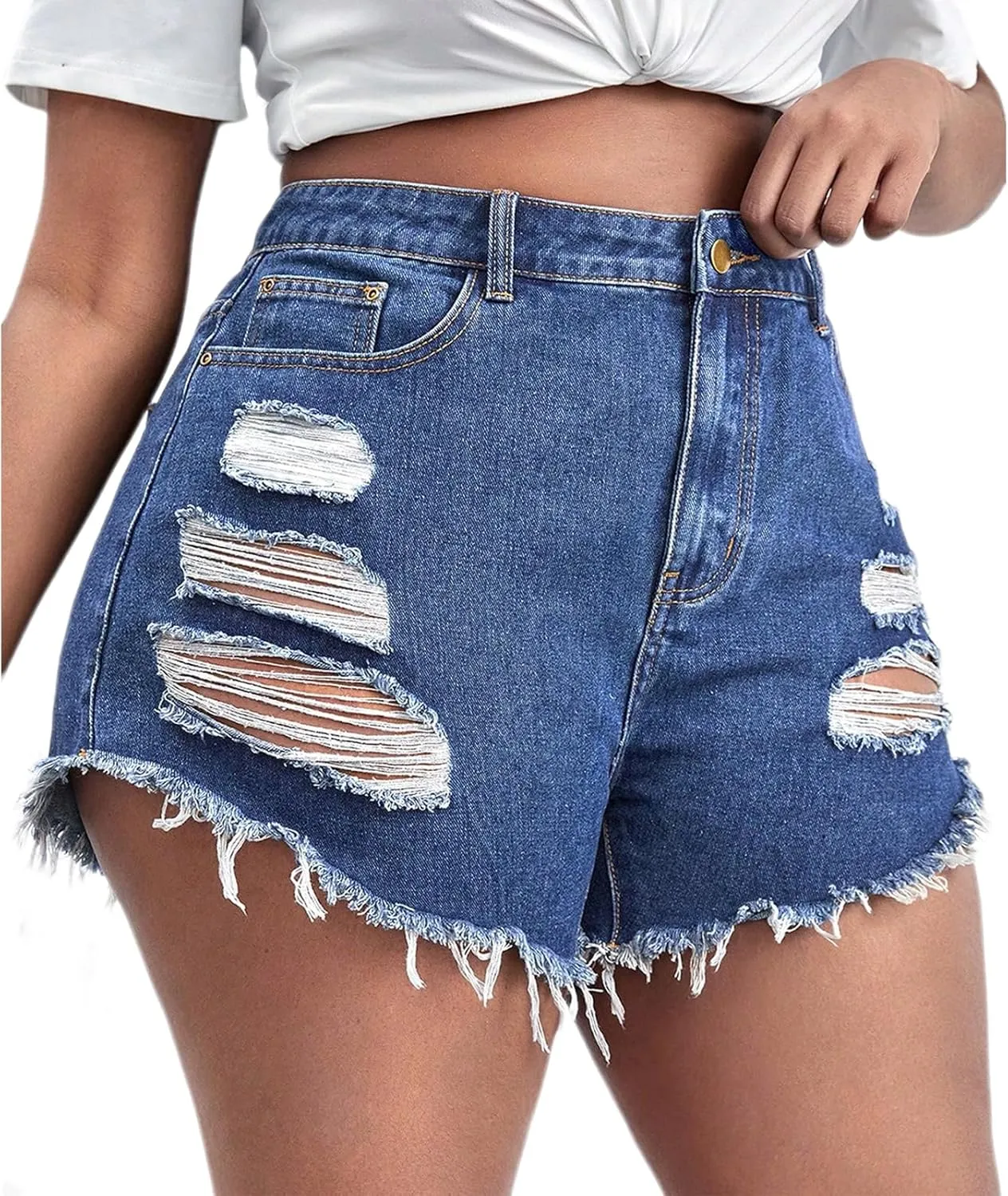 Plus Size Denim Shorts Women High Waisted Ripped Folded Hem Jean Shorts