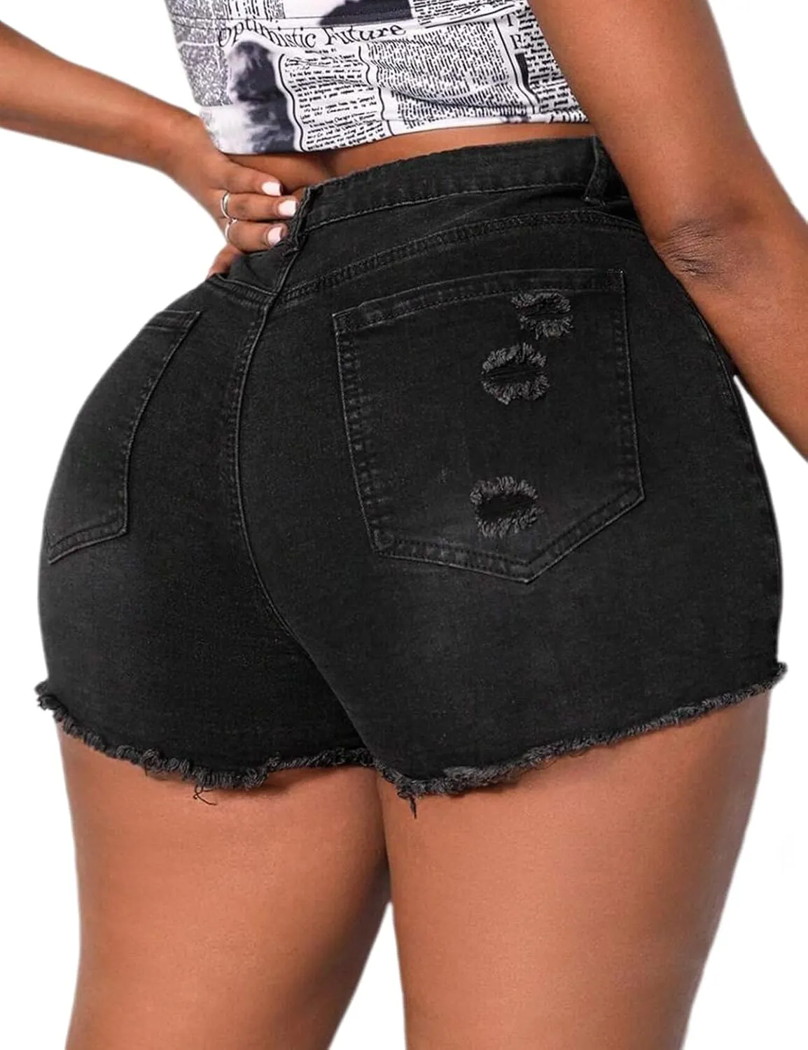 Plus Size Denim Shorts Women High Waisted Ripped Folded Hem Jean Shorts