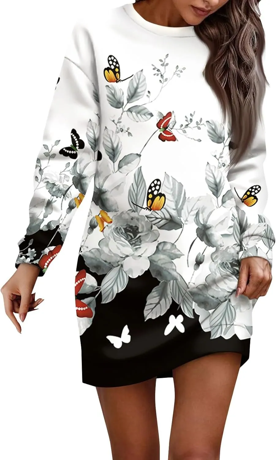 Plus Size Dresses for Curvy Women Fall 2024 Long Sleeve Crew Neck Sweatshirt Dress Floral Peint Mini Dress