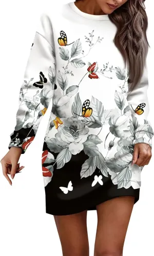 Plus Size Dresses for Curvy Women Fall 2024 Long Sleeve Crew Neck Sweatshirt Dress Floral Peint Mini Dress