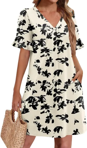 Plus Size Easter Dresses for Curvy Women Summer Casual Shift Ruffle V Neck Short Sleeve Beach Dress with Pockets