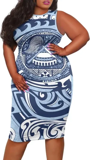 Plus Size Polynesian Dress for Women Casual Sleeveless Midi Dress Hawaii Crewneck Wrap Dress Shift Dress