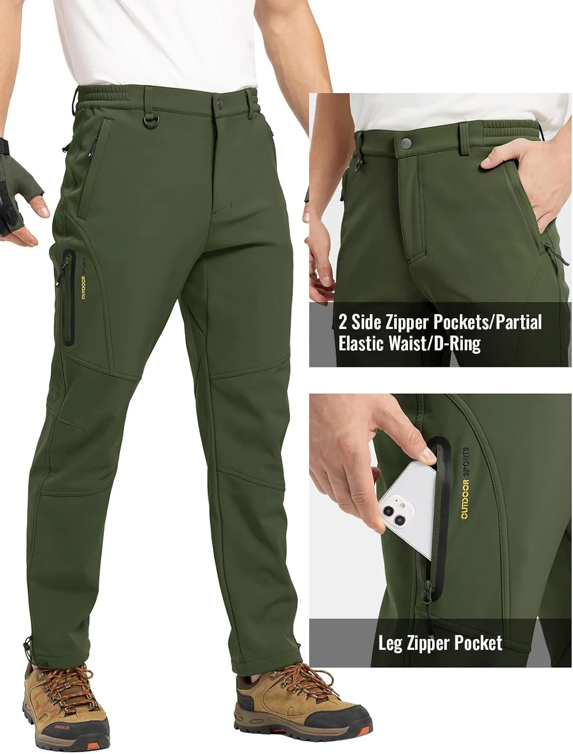 Rdruko Men's Snow Pants Waterproof Insulated Winter Hiking Pants Snowboard Fleece Lined Softshell Ski Pants