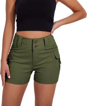 RIOJOY Women's Cargo Jean Shorts High Waisted Stretchy Skinny Denim Shorts with Flap Pockets