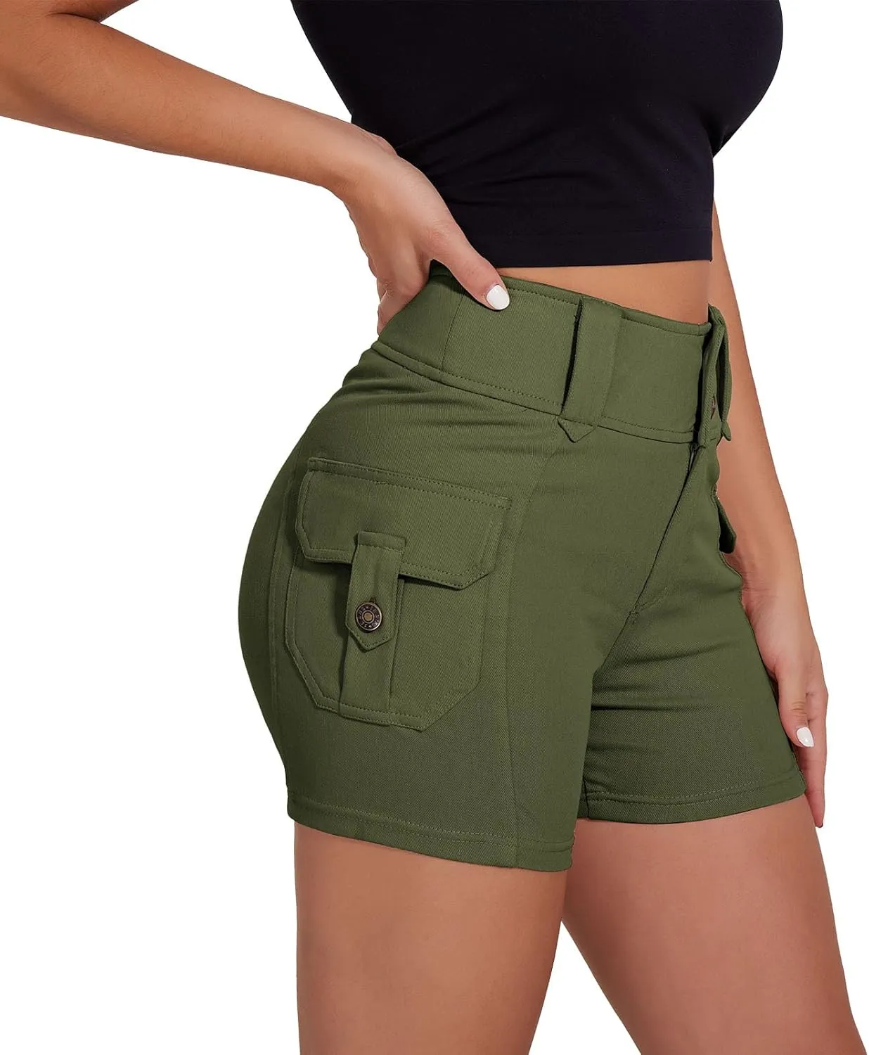 RIOJOY Women's Cargo Jean Shorts High Waisted Stretchy Skinny Denim Shorts with Flap Pockets