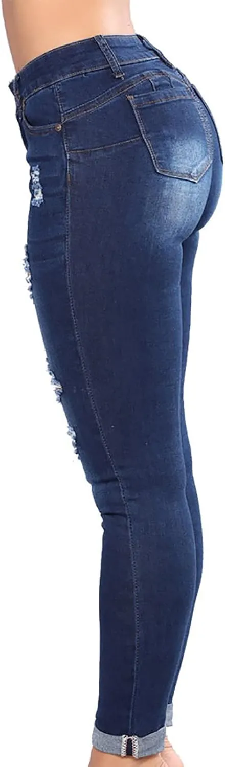 Ripped Jeans for Women High Waist Skinny Stretch Jeans Trendy Slim Fit Tummy Control Denim Pants with Pockets
