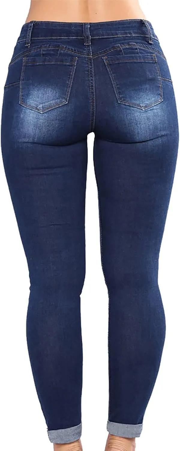 Ripped Jeans for Women High Waist Skinny Stretch Jeans Trendy Slim Fit Tummy Control Denim Pants with Pockets