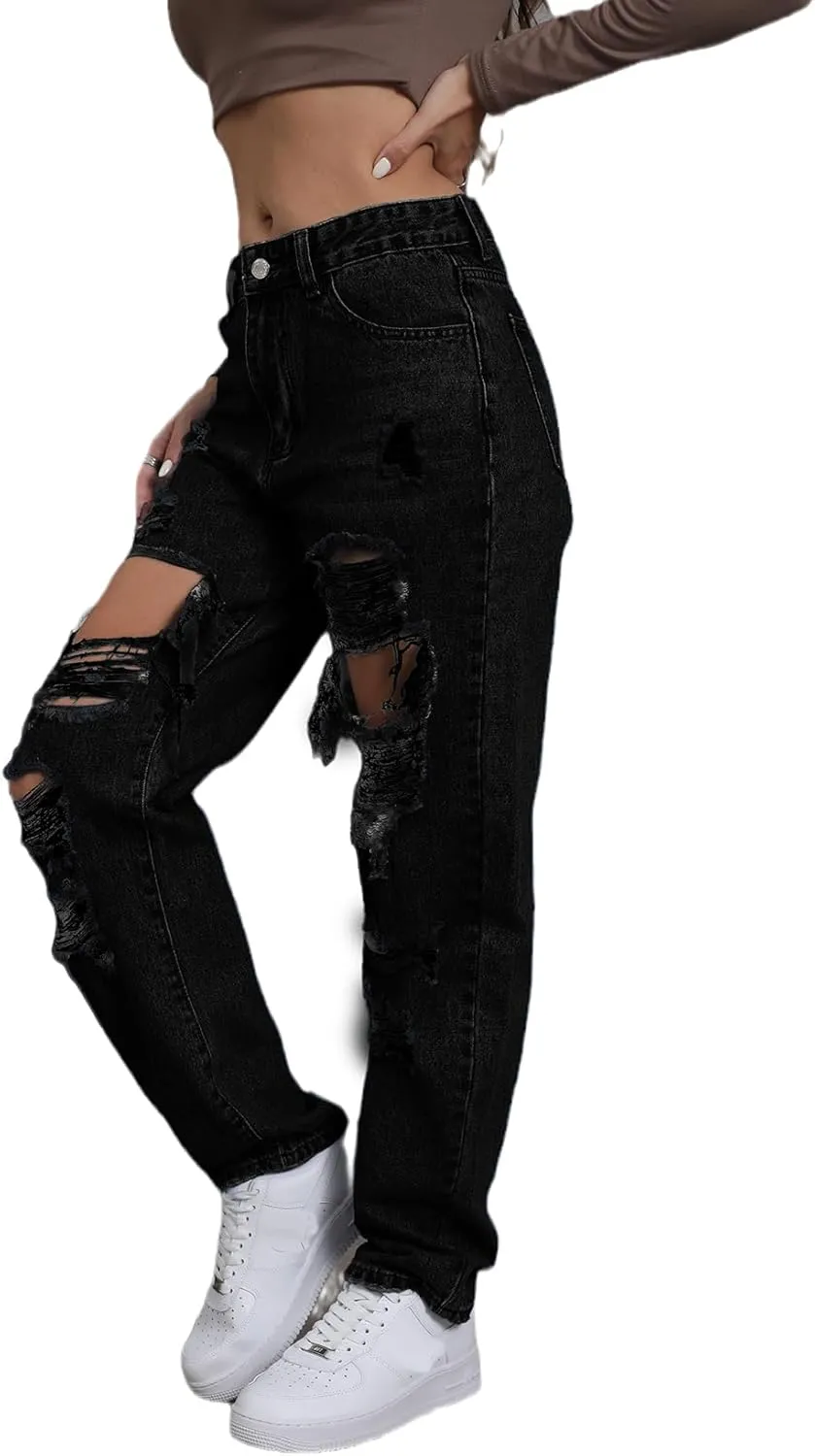 Ripped Jeans Womens Distressed high Waisted Jeans for Women Trendy Wide Straight Leg Y2k Pants Womens Jeans