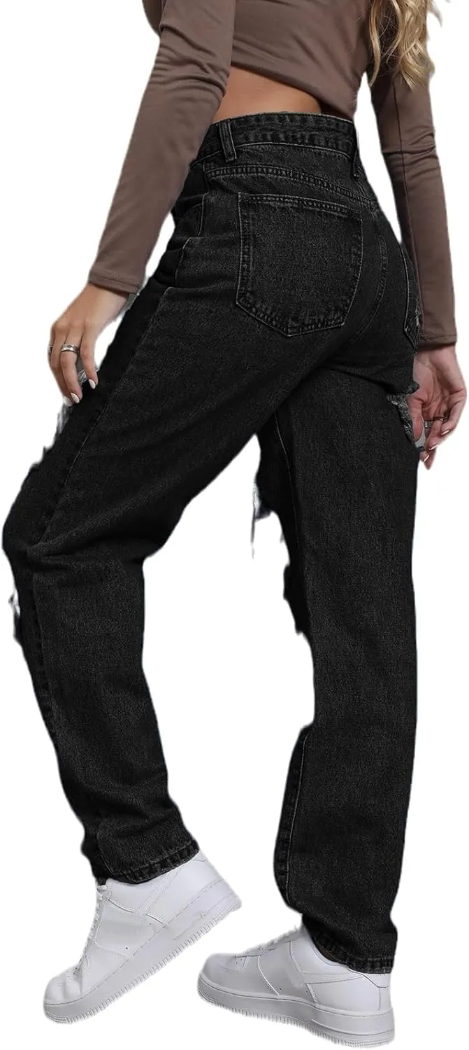 Ripped Jeans Womens Distressed high Waisted Jeans for Women Trendy Wide Straight Leg Y2k Pants Womens Jeans