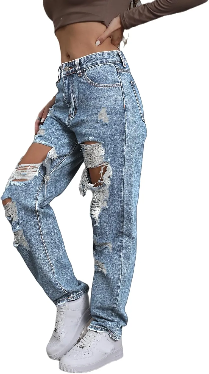 Ripped Jeans Womens Distressed high Waisted Jeans for Women Trendy Wide Straight Leg Y2k Pants Womens Jeans