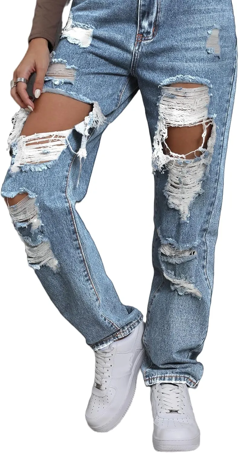 Ripped Jeans Womens Distressed high Waisted Jeans for Women Trendy Wide Straight Leg Y2k Pants Womens Jeans