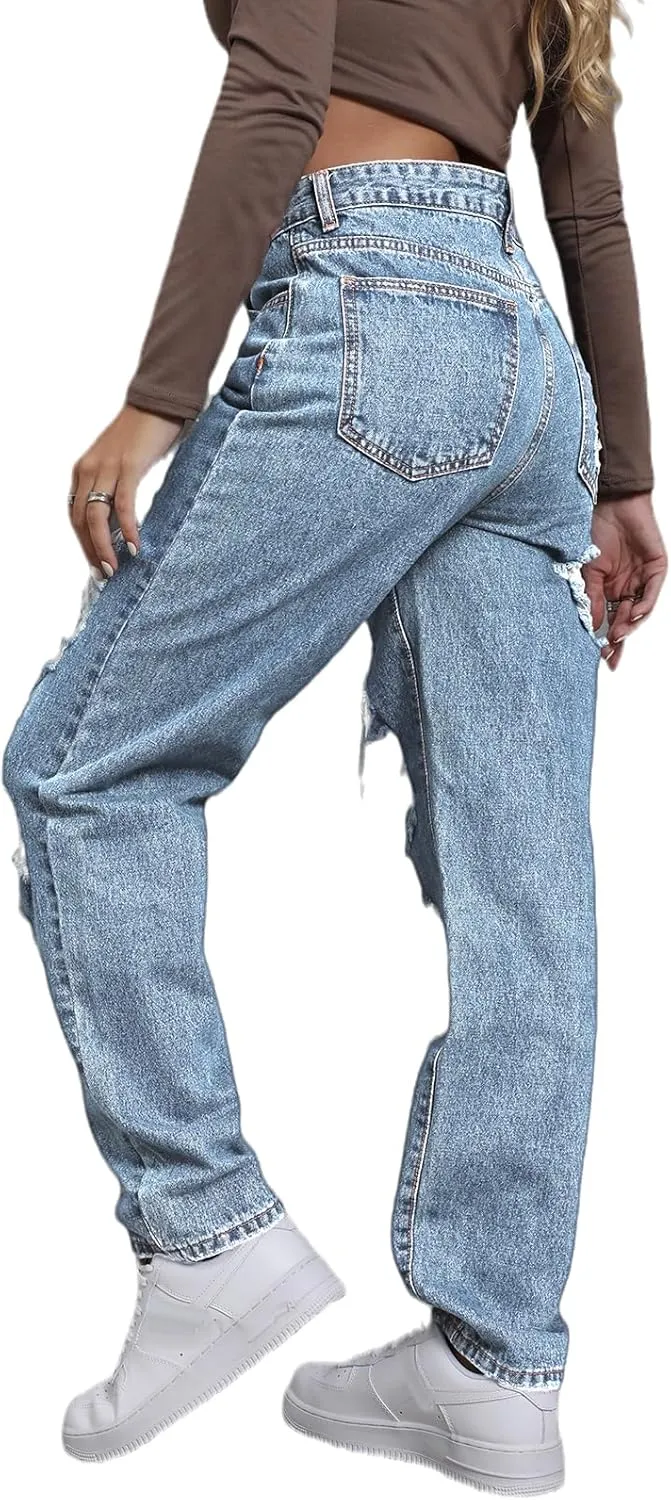 Ripped Jeans Womens Distressed high Waisted Jeans for Women Trendy Wide Straight Leg Y2k Pants Womens Jeans
