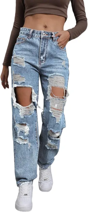 Ripped Jeans Womens Distressed high Waisted Jeans for Women Trendy Wide Straight Leg Y2k Pants Womens Jeans