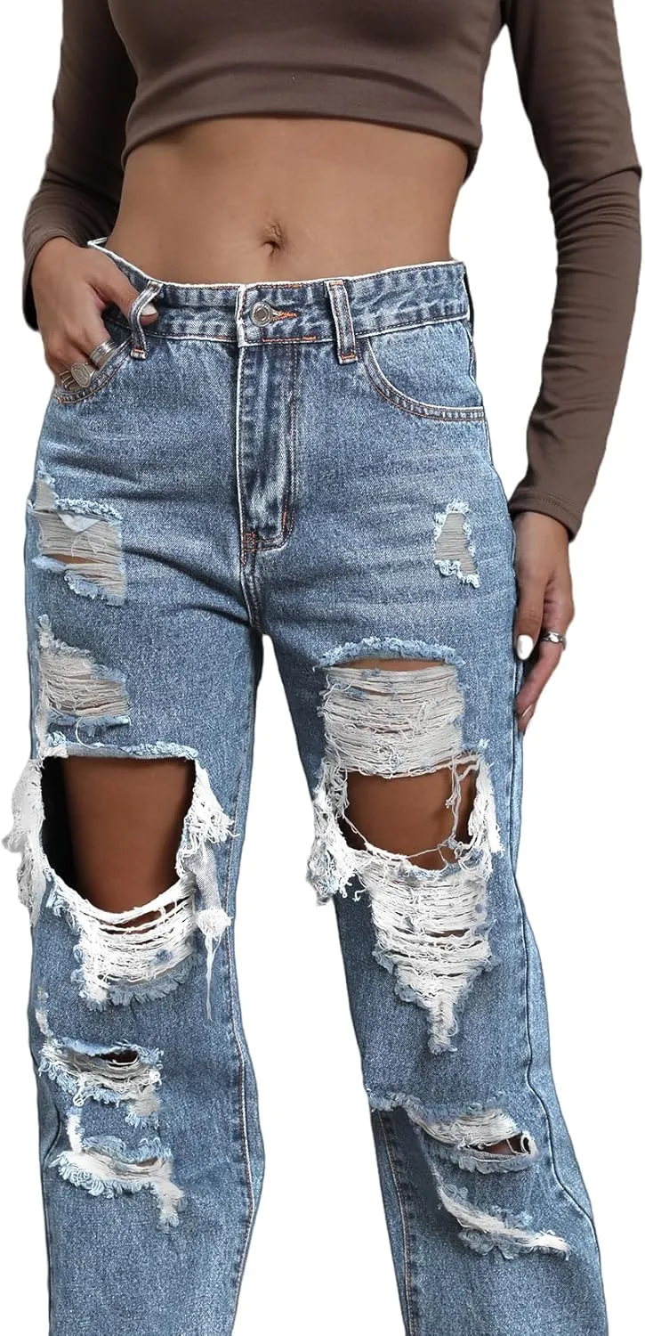 Ripped Jeans Womens Distressed high Waisted Jeans for Women Trendy Wide Straight Leg Y2k Pants Womens Jeans