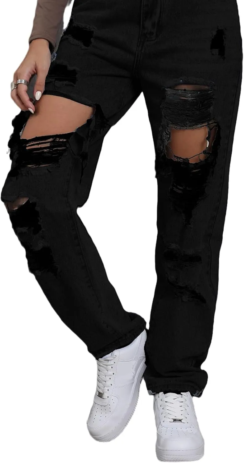 Ripped Jeans Womens Distressed high Waisted Jeans for Women Trendy Wide Straight Leg Y2k Pants Womens Jeans