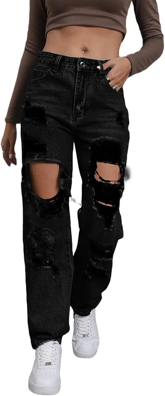 Ripped Jeans Womens Distressed high Waisted Jeans for Women Trendy Wide Straight Leg Y2k Pants Womens Jeans