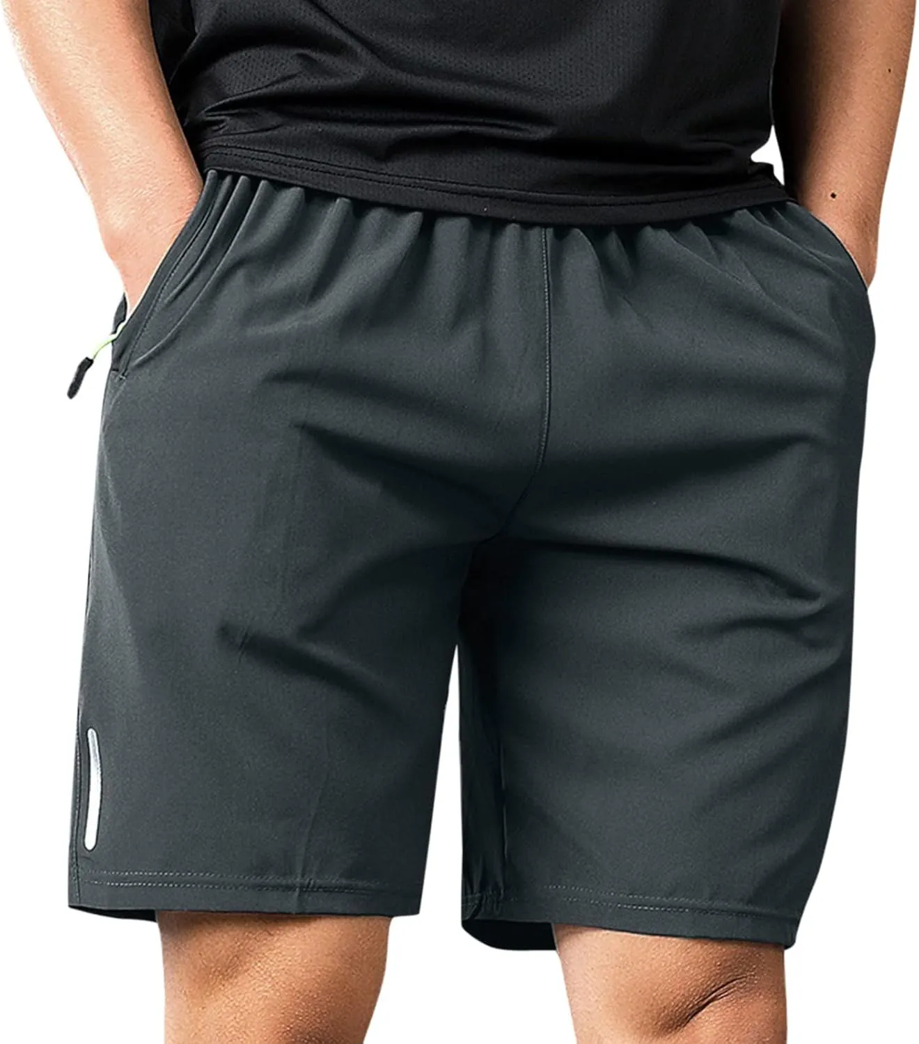 Running Shorts for Men Mid Rise Pull On Elastic Waisted Quick Dry Shorts Breathable Workout Short Pants with Zipper Pockets