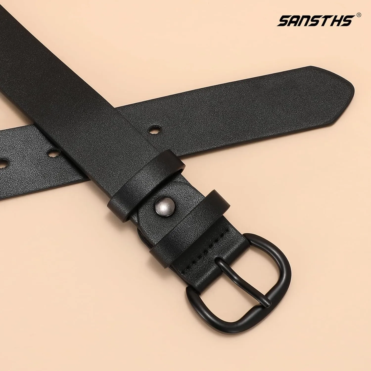 SANSTHS Women Leather Belt for Jeans Pants Dresses Black Ladies Waist Belt with Black Buckle