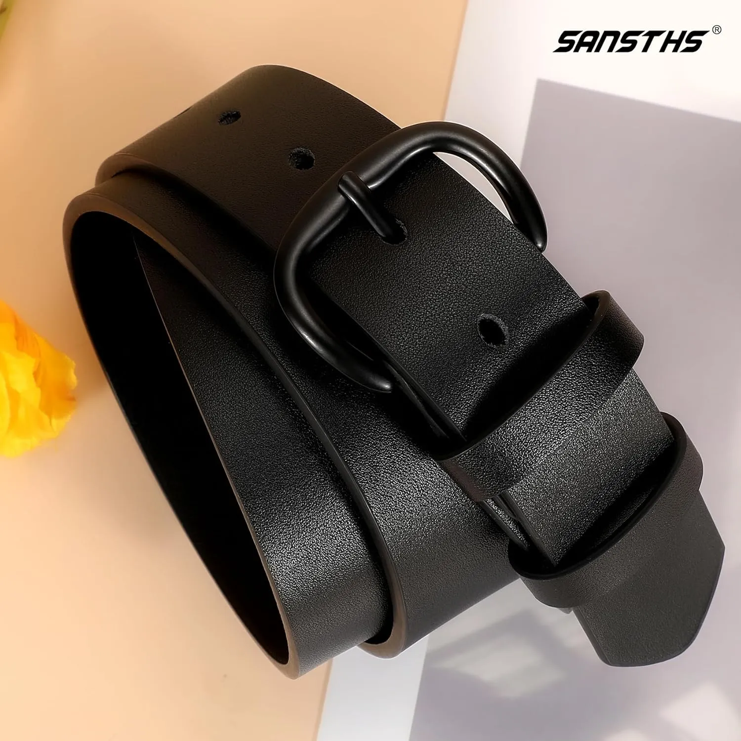 SANSTHS Women Leather Belt for Jeans Pants Dresses Black Ladies Waist Belt with Black Buckle