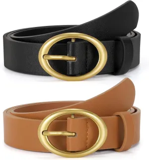 SANSTHS Women Leather Belts for Jeans Pants Fashion Ladies Waist Dresses Belt Gold Round Buckle
