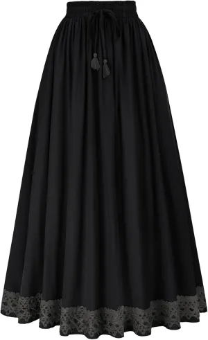 Scarlet Darkness Long Maxi Skirts for Women Elastic High Waist Drawstring Renaissance Skirt with Pockets