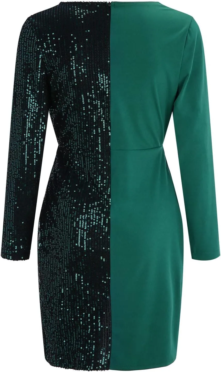 Sequins Patchwork Cocktail Pencil Dress Bodycon Sexy Deep V Neck Elegant Dressess Long Sleeve Evening Mini Dress Party