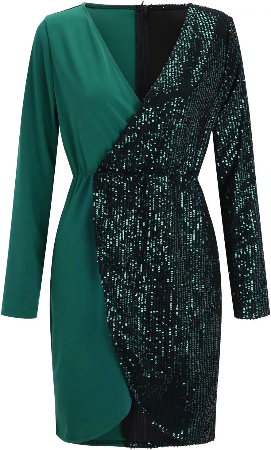 Sequins Patchwork Cocktail Pencil Dress Bodycon Sexy Deep V Neck Elegant Dressess Long Sleeve Evening Mini Dress Party