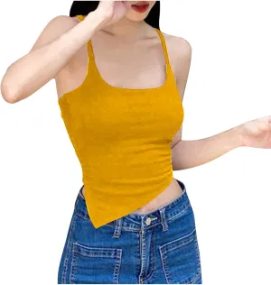 Sexy Strappy Tie-Back Irregular Cami Tops Women Square Neck Ribbed Knit Tees Night Out Club Wear Shirts Rave Blouses