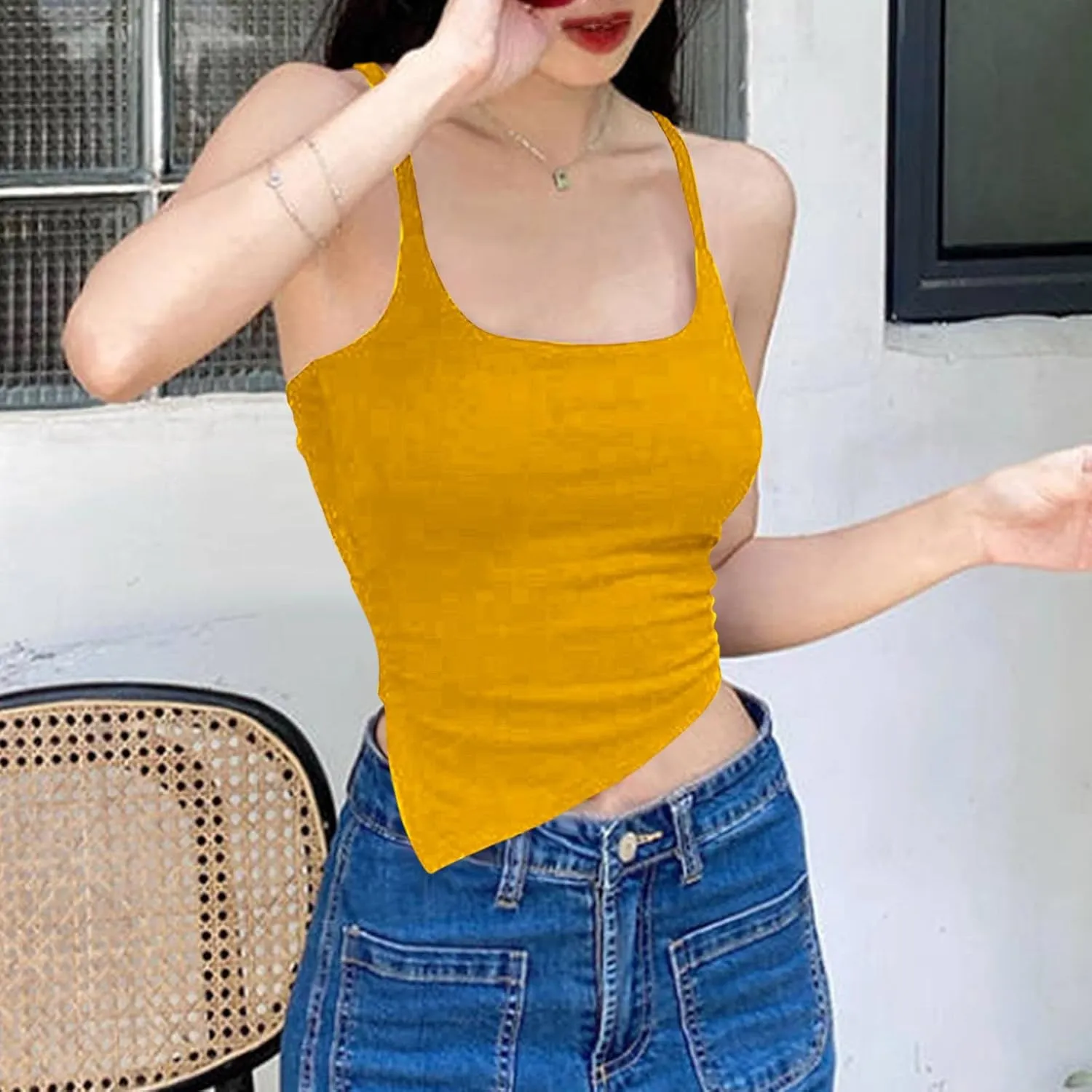 Sexy Strappy Tie-Back Irregular Cami Tops Women Square Neck Ribbed Knit Tees Night Out Club Wear Shirts Rave Blouses