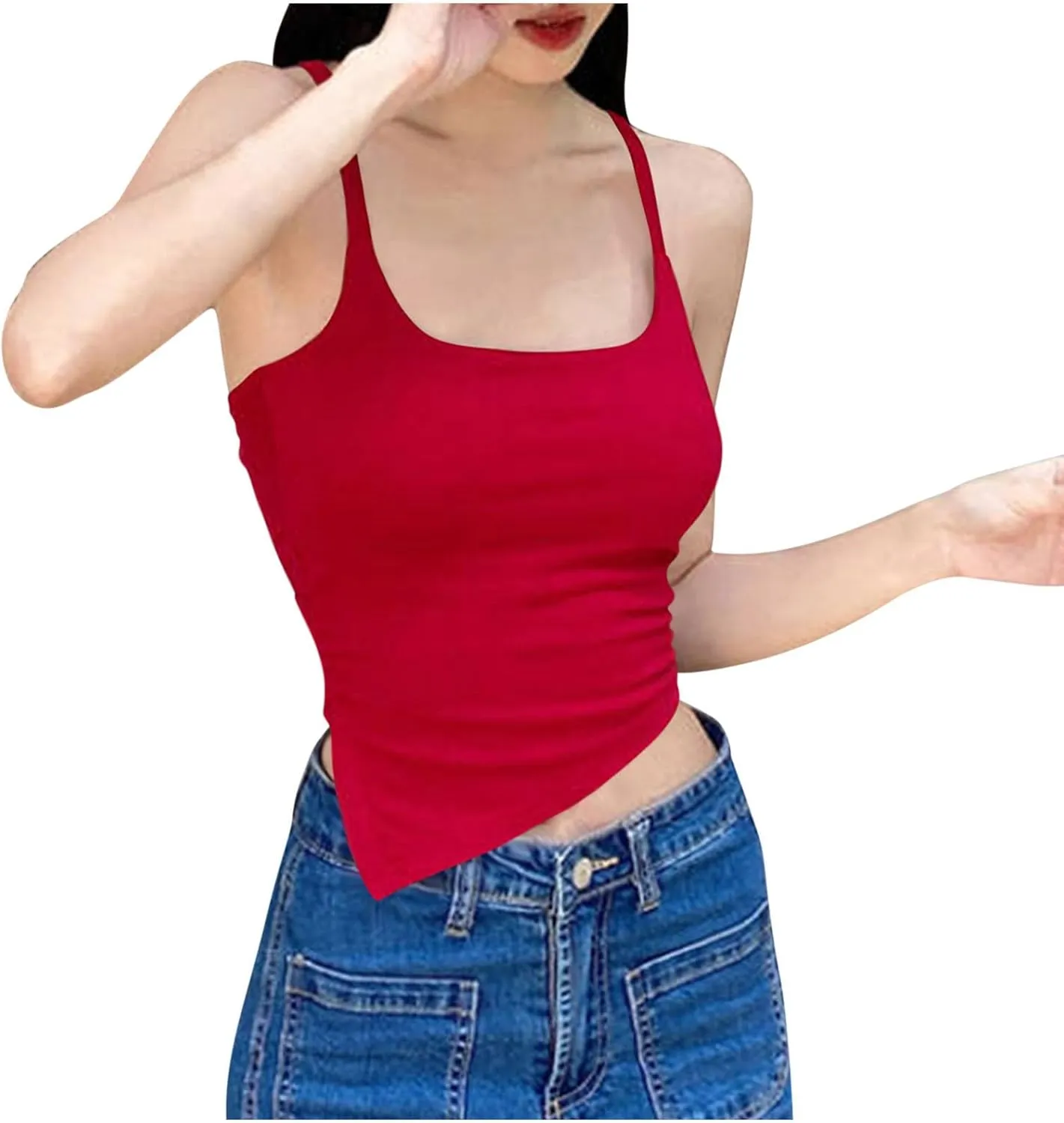 Sexy Strappy Tie-Back Irregular Cami Tops Women Square Neck Ribbed Knit Tees Night Out Club Wear Shirts Rave Blouses