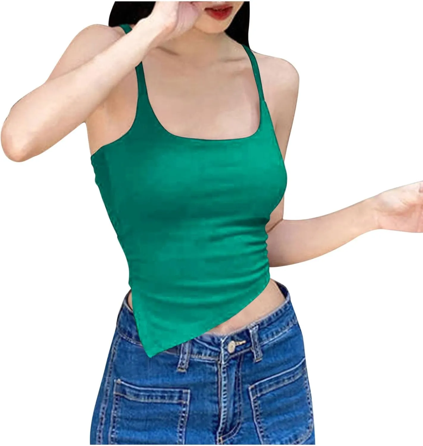 Sexy Strappy Tie-Back Irregular Cami Tops Women Square Neck Ribbed Knit Tees Night Out Club Wear Shirts Rave Blouses