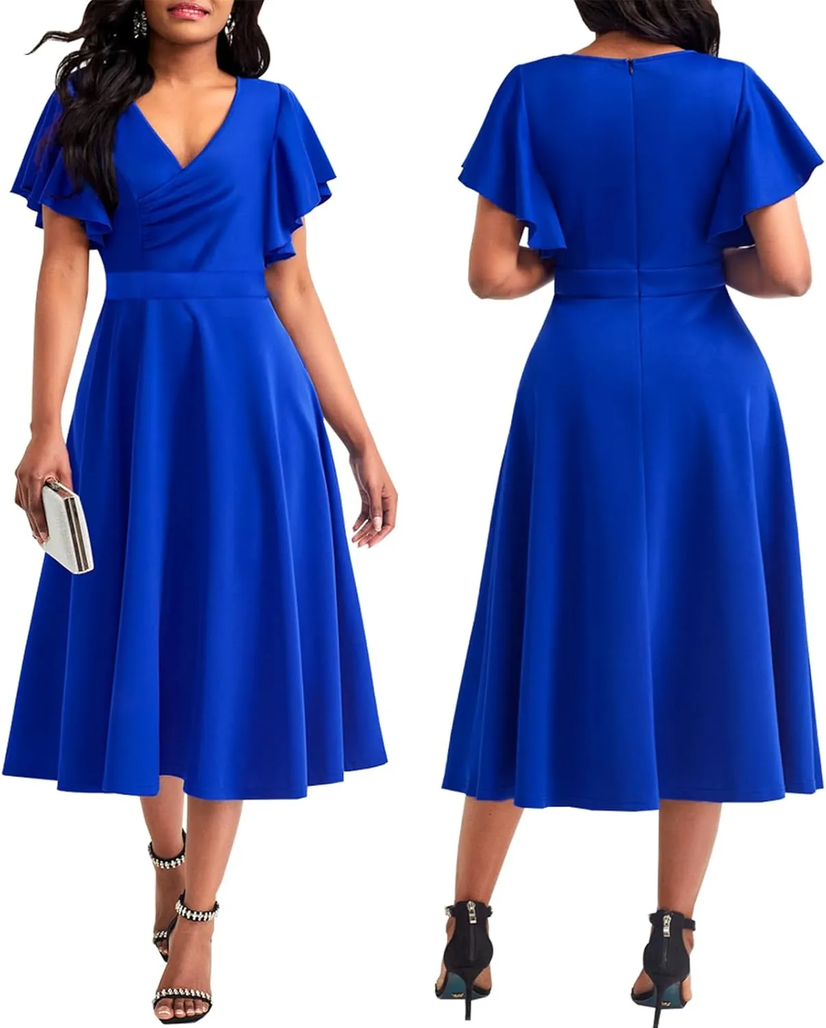 shengfan Women's Summer Short Sleeve Maxi Dresses Casual Deep V Neck Long Dress Club Party A-Line Dress