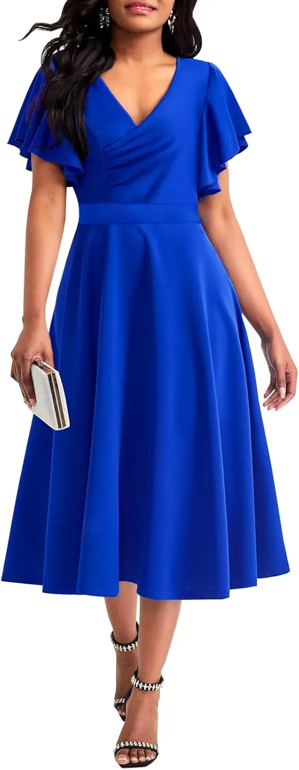 shengfan Women's Summer Short Sleeve Maxi Dresses Casual Deep V Neck Long Dress Club Party A-Line Dress