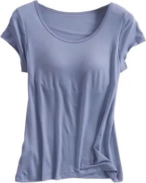 Shirts with Built in Bra Women Workout Yoga Tops Short Sleeve Padded Bras Crewneck Tunics Tops Comfy Athletic Tees