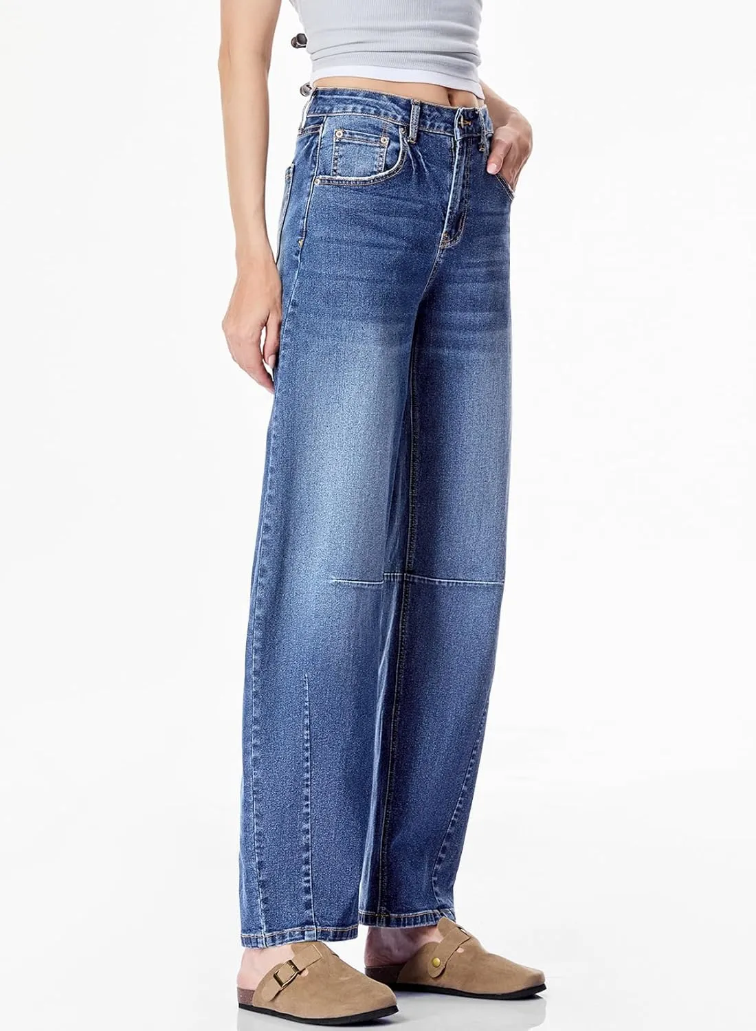 Sidefeel Women's Barrel Jeans Wide Leg Vintage Mid Rise Y2k Baggy Boyfriend Ankle Denim Pants