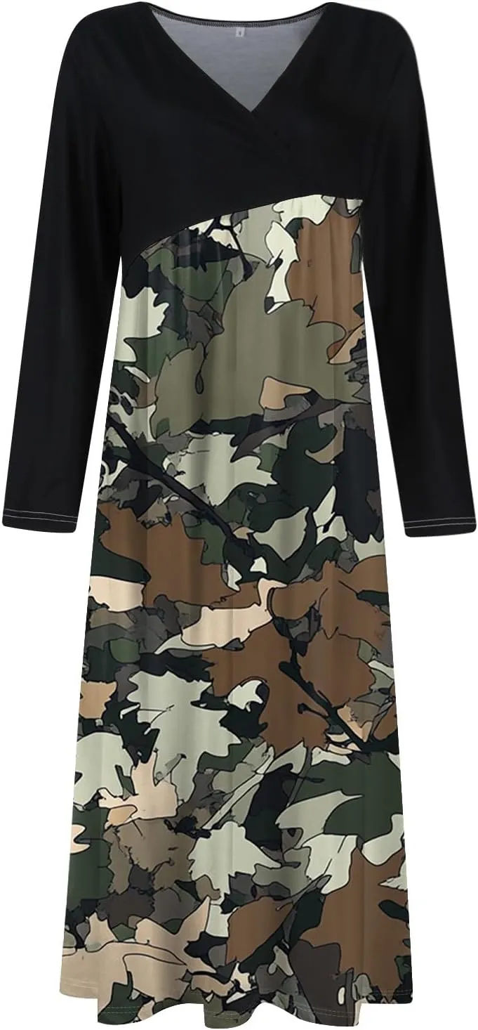 Spring Dresses for Women 2025 Midi Long Sleeve V Neck Summer Trendy Flowy Teens Cruise Fashion Dress