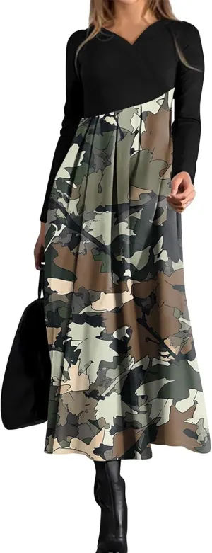 Spring Dresses for Women 2025 Midi Long Sleeve V Neck Summer Trendy Flowy Teens Cruise Fashion Dress