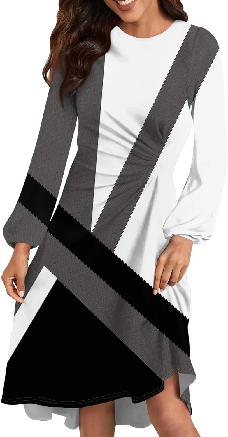 Spring Dresses for Women 2025 Midi O Neck Long Sleeve Ladies Summer Trendy Flowy Holiday Dressy Dress