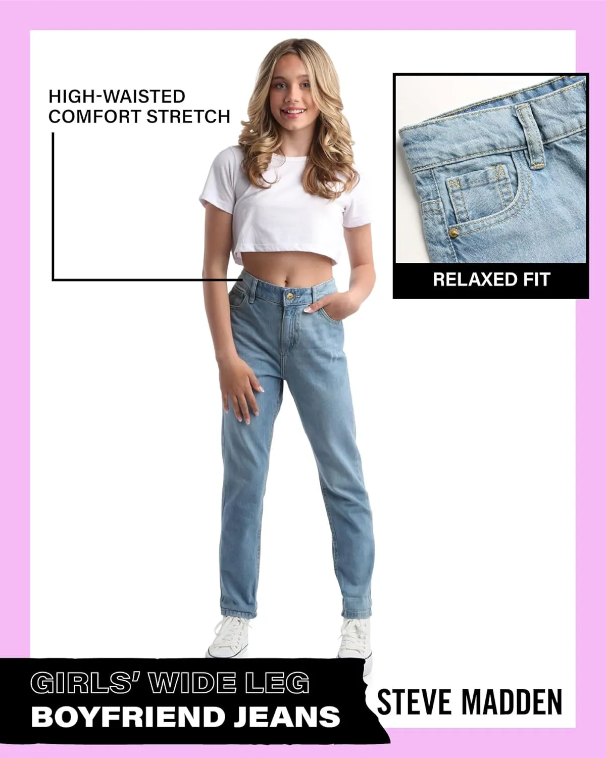 Steve Madden Girls' Jeans - Casual High Waisted Comfort Stretch Wide Leg Denim Jeans - Boyfriend Jeans for Girls (4-16)