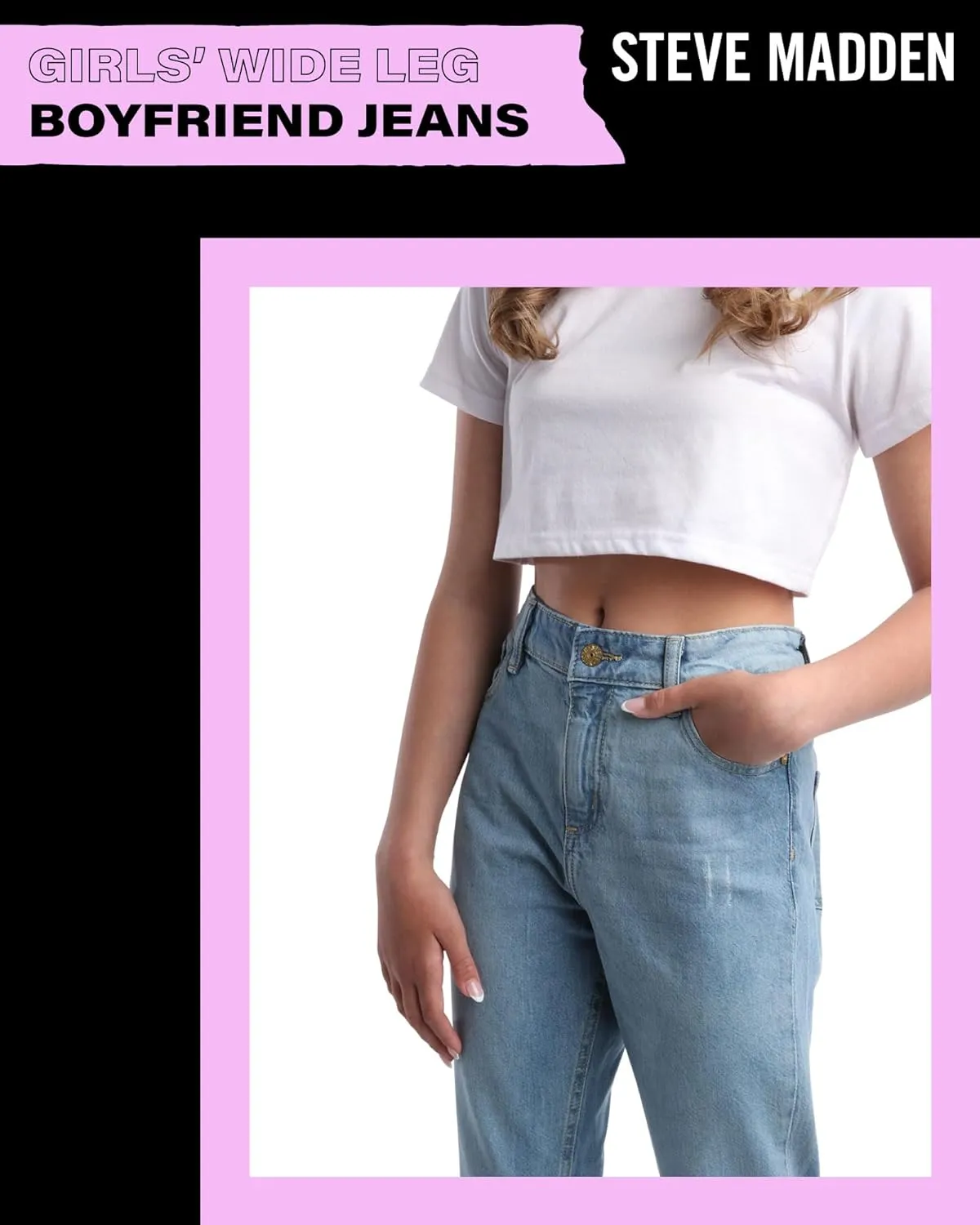 Steve Madden Girls' Jeans - Casual High Waisted Comfort Stretch Wide Leg Denim Jeans - Boyfriend Jeans for Girls (4-16)