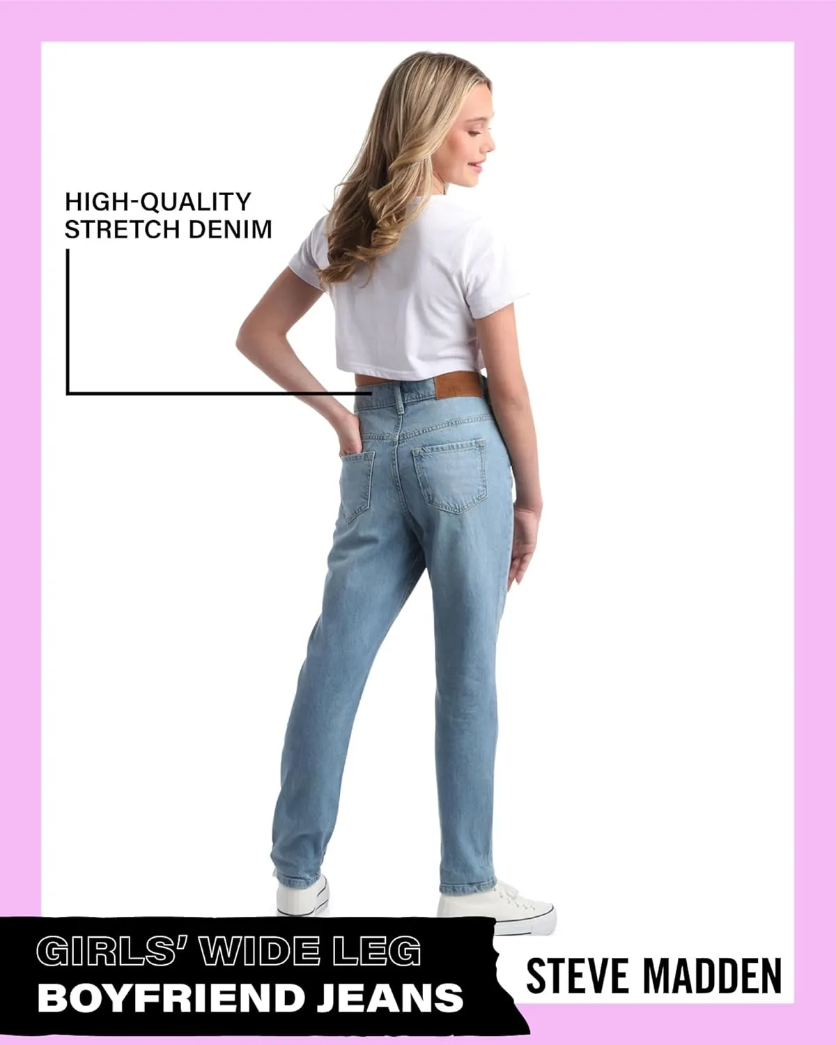 Steve Madden Girls' Jeans - Casual High Waisted Comfort Stretch Wide Leg Denim Jeans - Boyfriend Jeans for Girls (4-16)