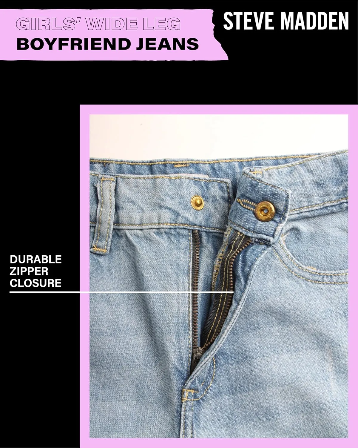Steve Madden Girls' Jeans - Casual High Waisted Comfort Stretch Wide Leg Denim Jeans - Boyfriend Jeans for Girls (4-16)