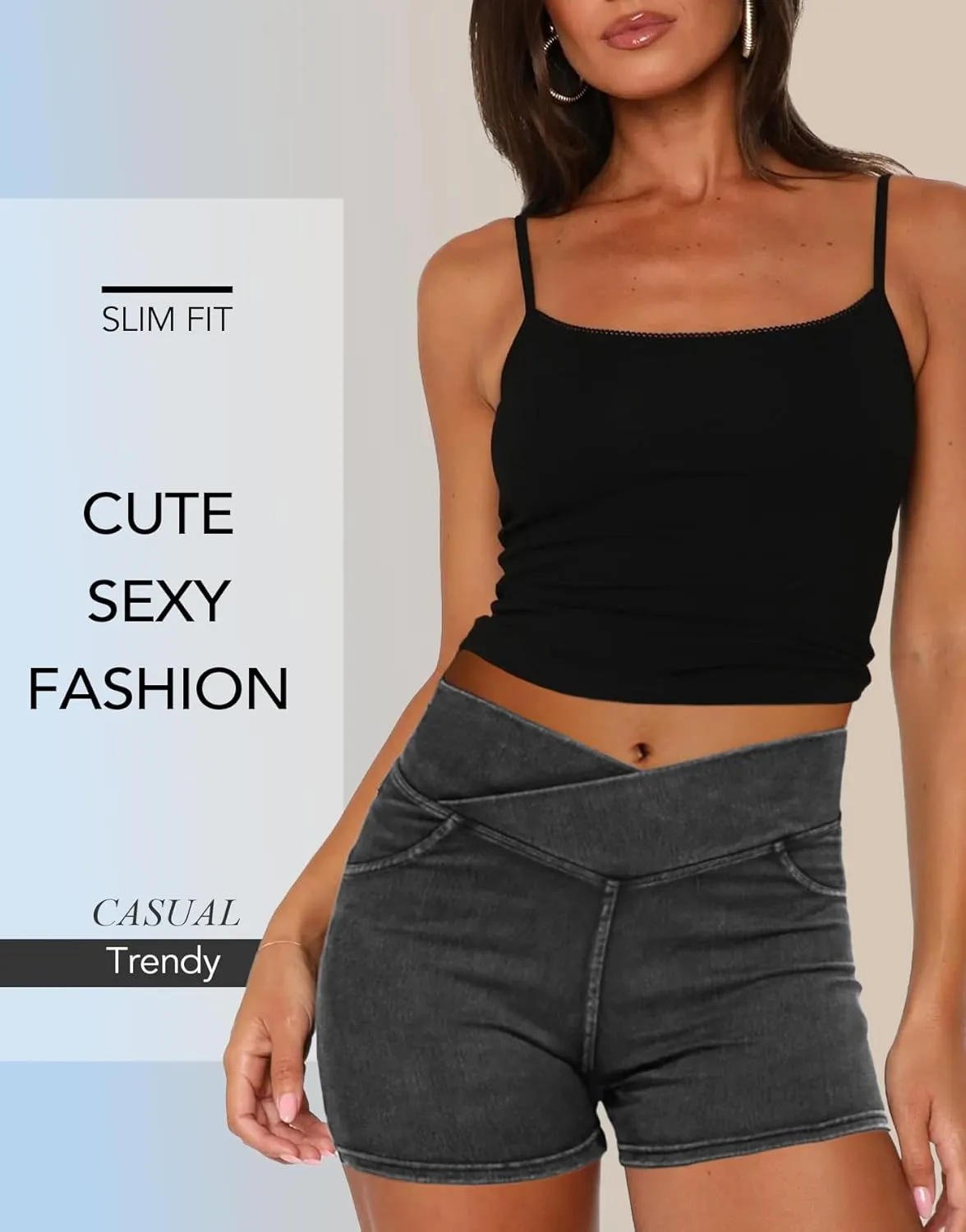 Stretchy Jean Shorts for Women High Waisted Crossover Denim Shorts with Pockets Women Summer Casual Shorts