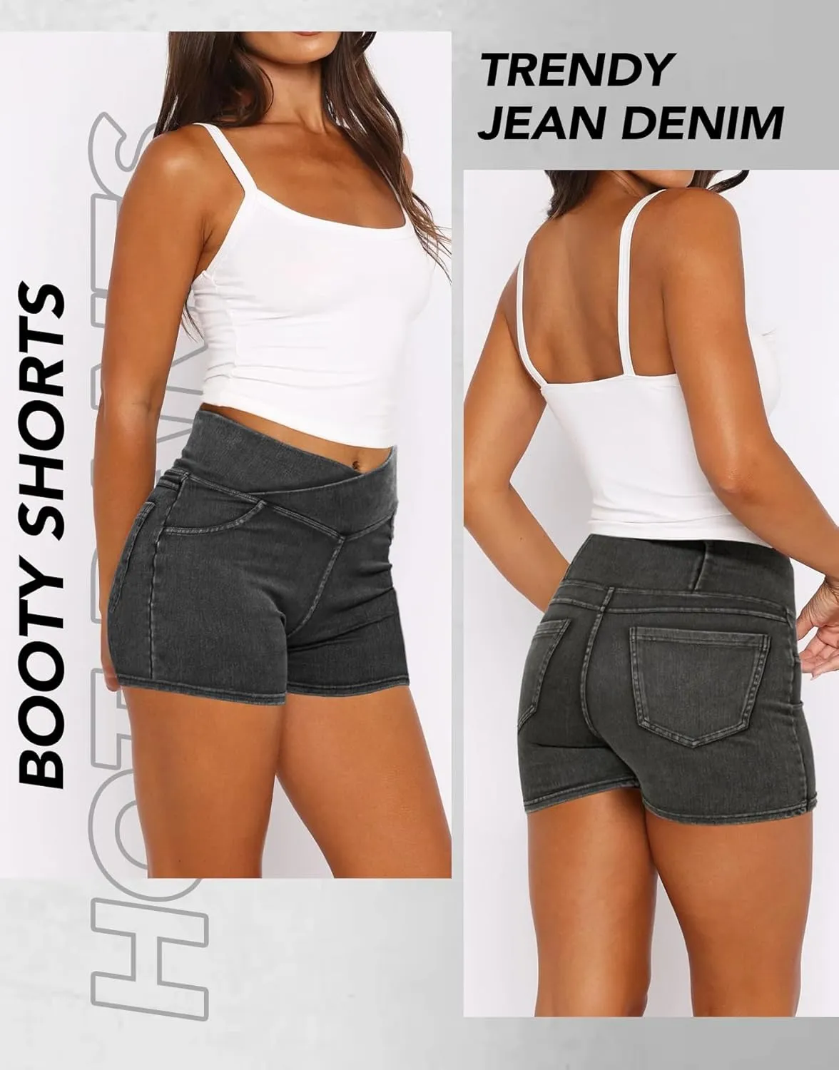 Stretchy Jean Shorts for Women High Waisted Crossover Denim Shorts with Pockets Women Summer Casual Shorts