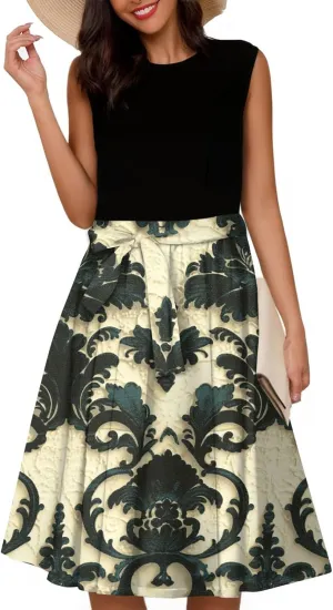 Summer Beach Floral Dresses for Women A line Sleeveless Wide Strap High Waist Midi Tank Dress