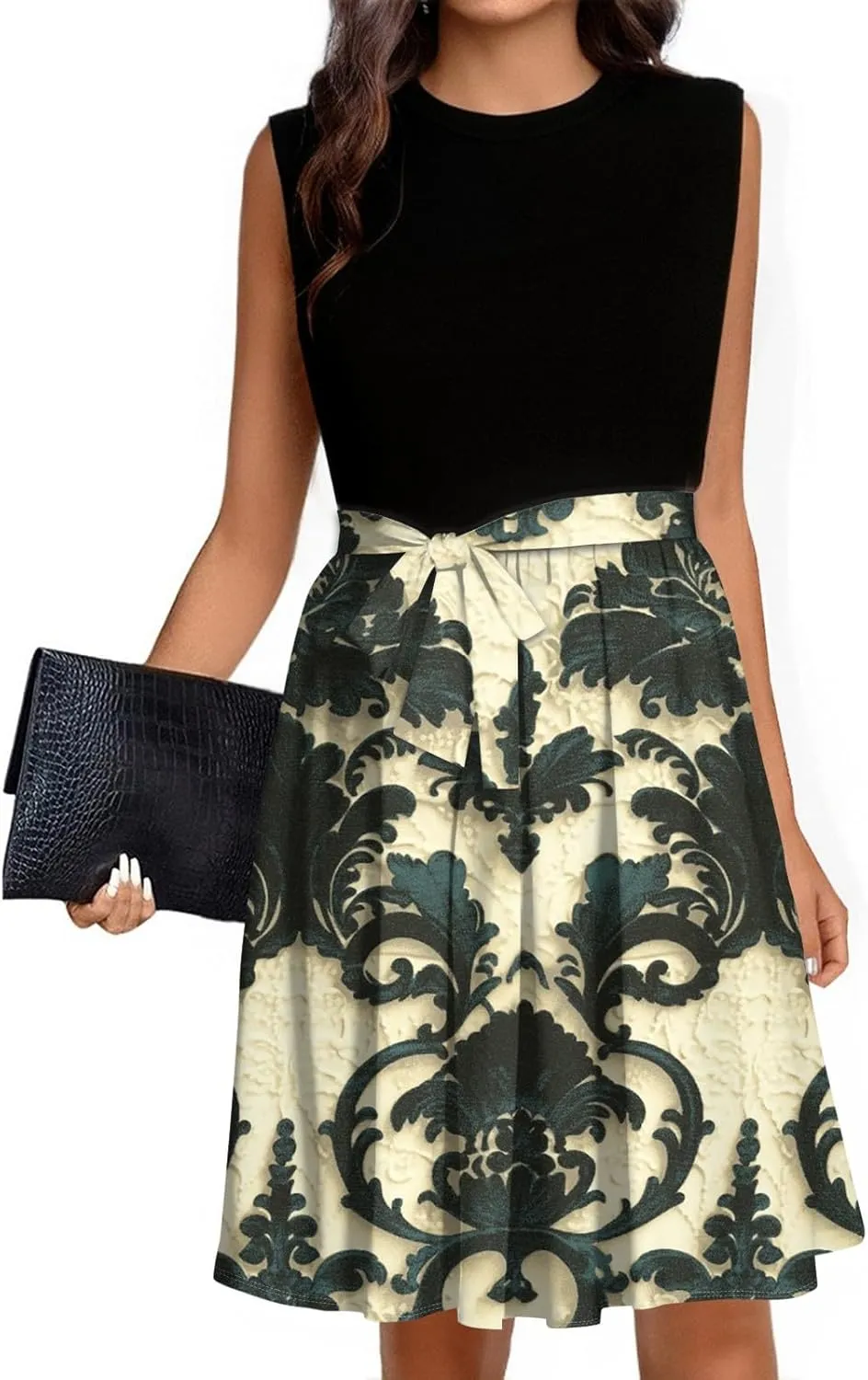 Summer Beach Floral Dresses for Women A line Sleeveless Wide Strap High Waist Midi Tank Dress