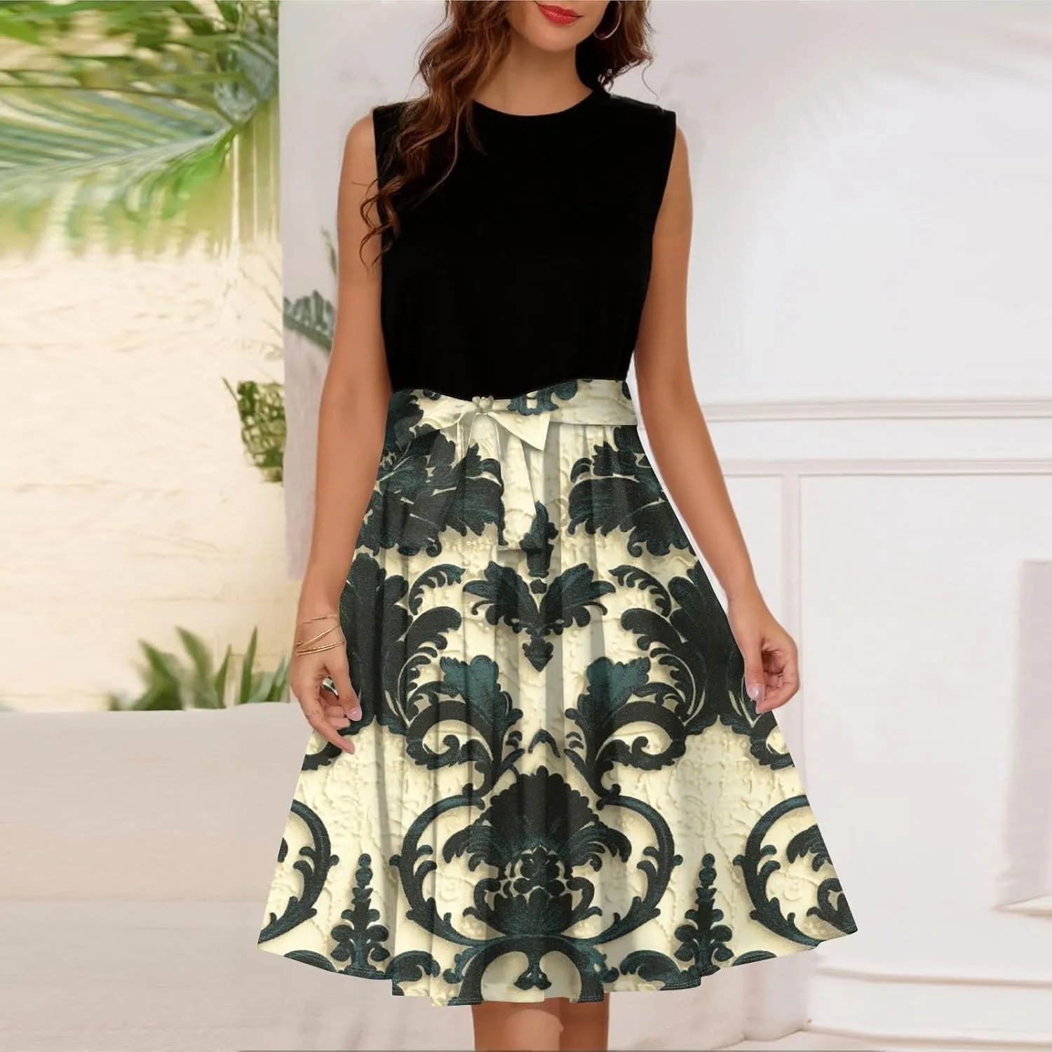Summer Beach Floral Dresses for Women A line Sleeveless Wide Strap High Waist Midi Tank Dress