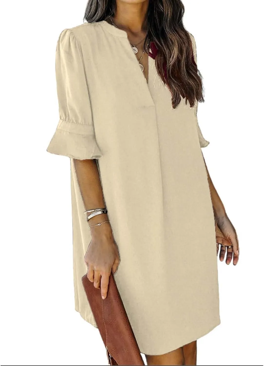 Summer Dresses for Women 2024 Casual V Neck Stylish Tunic Dress Ruffle Short Sleeve Solid Color Loose Flowy Shirt Dresses