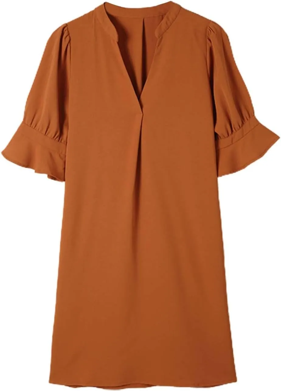 Summer Dresses for Women 2024 Casual V Neck Stylish Tunic Dress Ruffle Short Sleeve Solid Color Loose Flowy Shirt Dresses